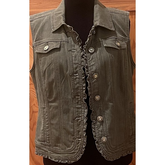 Christopher & Banks Jackets & Blazers - Christopher & Banks Womens Large Olive‎ Green Stretch Denim Vest Ruffle Trim